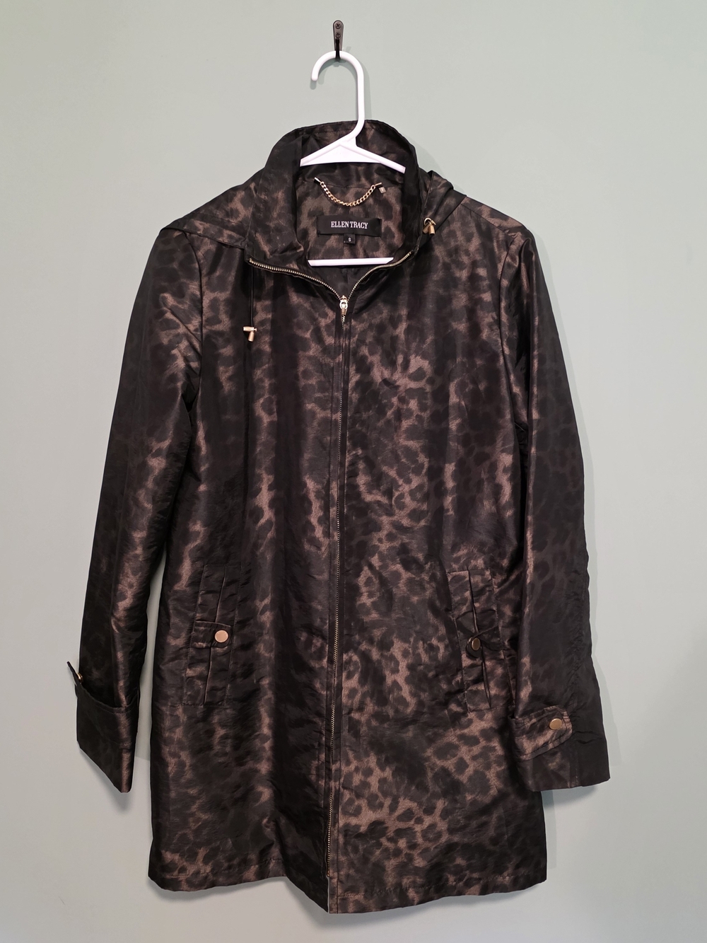 Vintage Ellen Tracy Black and Brown Leopard-Print Raincoat